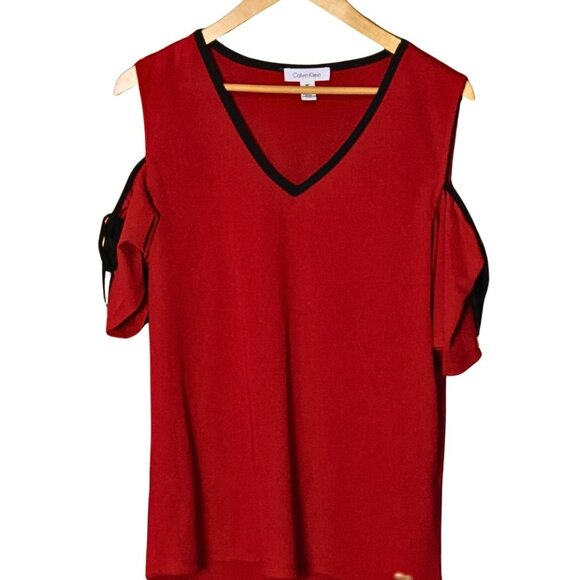 Calvin Klein Red Cold-Shoulder Top with Black Piping – Size M - Picture 1 of 3